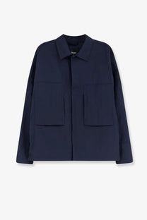 Navy blue laminar men’s wrinkled nylon utility jacket with collar and two front patch pockets
