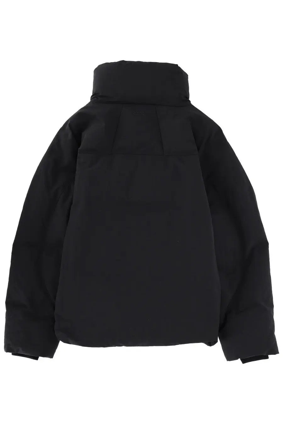Black laminar women’s crinkle metallic puffer jacket with high collar and quilted design in metallic fabric