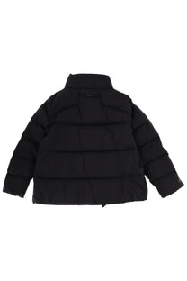 Black laminar women’s goretex puffer jacket with quilted panels and high collar for cold weather protection