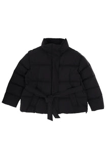 Laminar womens goretex black quilted puffer jacket with high collar and matching belt
