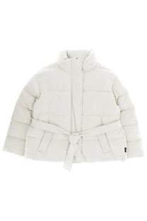 Laminar women’s off-white Goretex puffer jacket with high collar quilted design and matching belt tied at the waist