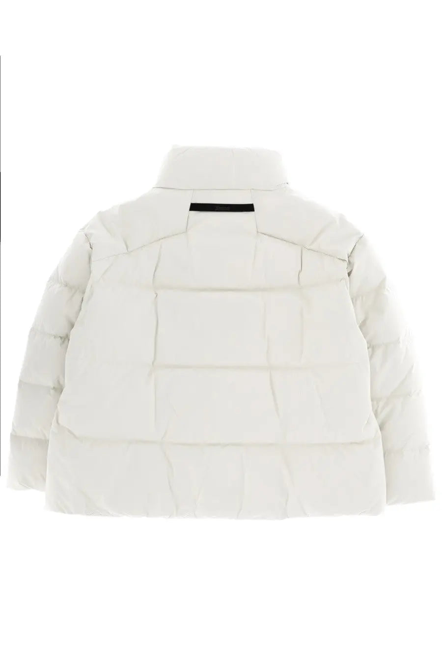 Laminar women’s goretex white quilted puffer jacket with high collar and black trim at the neckline
