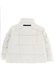 Laminar women’s goretex white quilted puffer jacket with high collar and black trim at the neckline