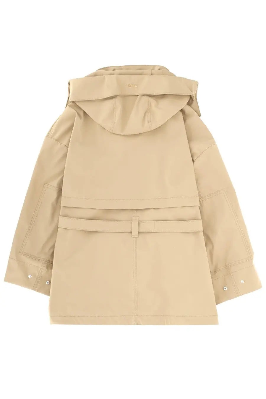Laminar women’s metallic parka beige trench coat with hood and belt front view in lightweight fabric