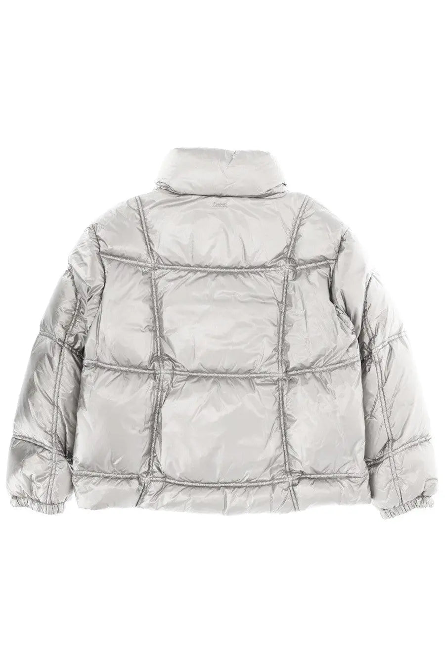 Laminar women’s metallic shield jacket silver is a silver metallic puffer jacket with quilted panels and high collar