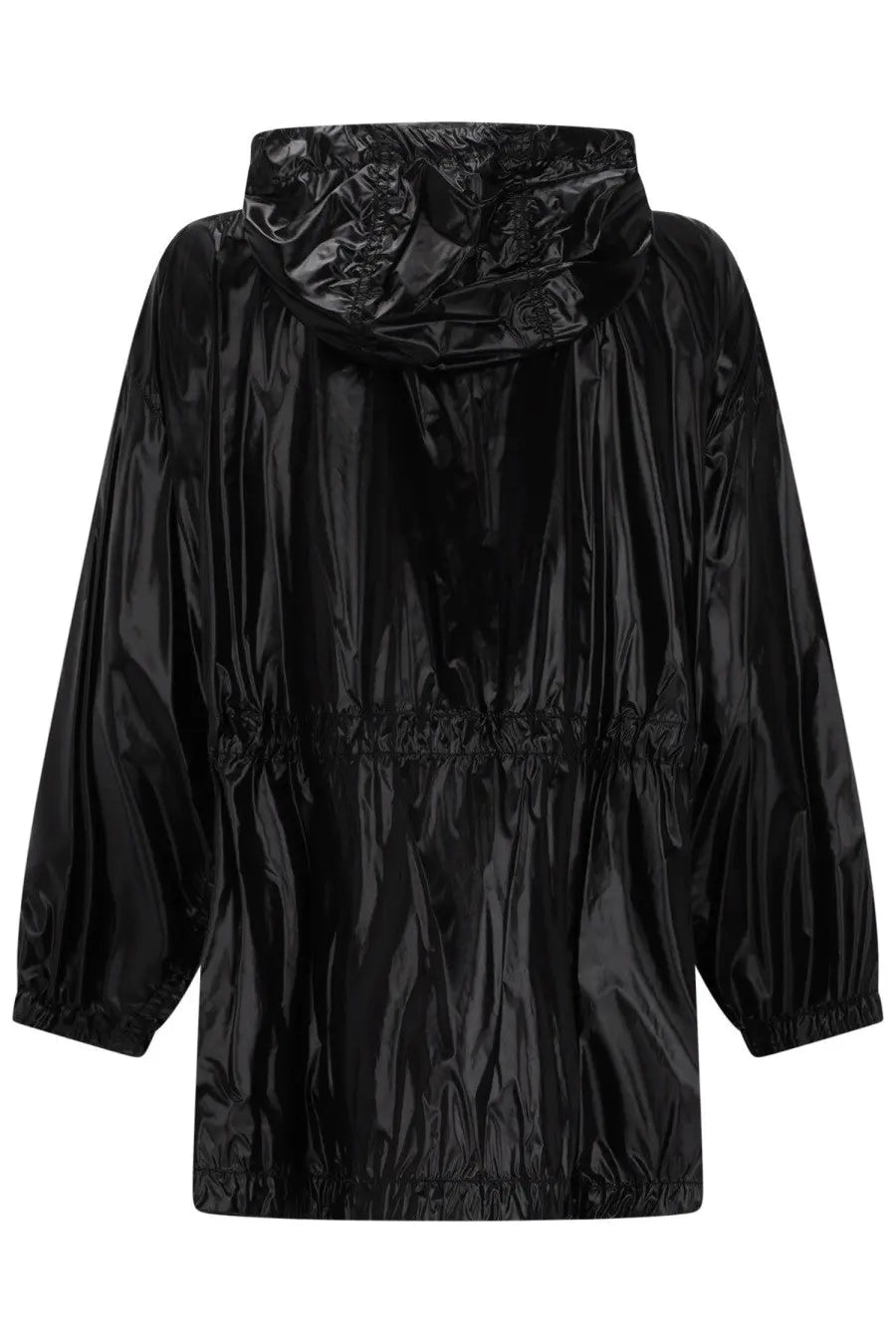 Laminar women’s parka corto in black glossy nylon raincoat with hood and elasticated cuffs front view