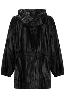Laminar women’s parka corto in black glossy nylon raincoat with hood and elasticated cuffs front view