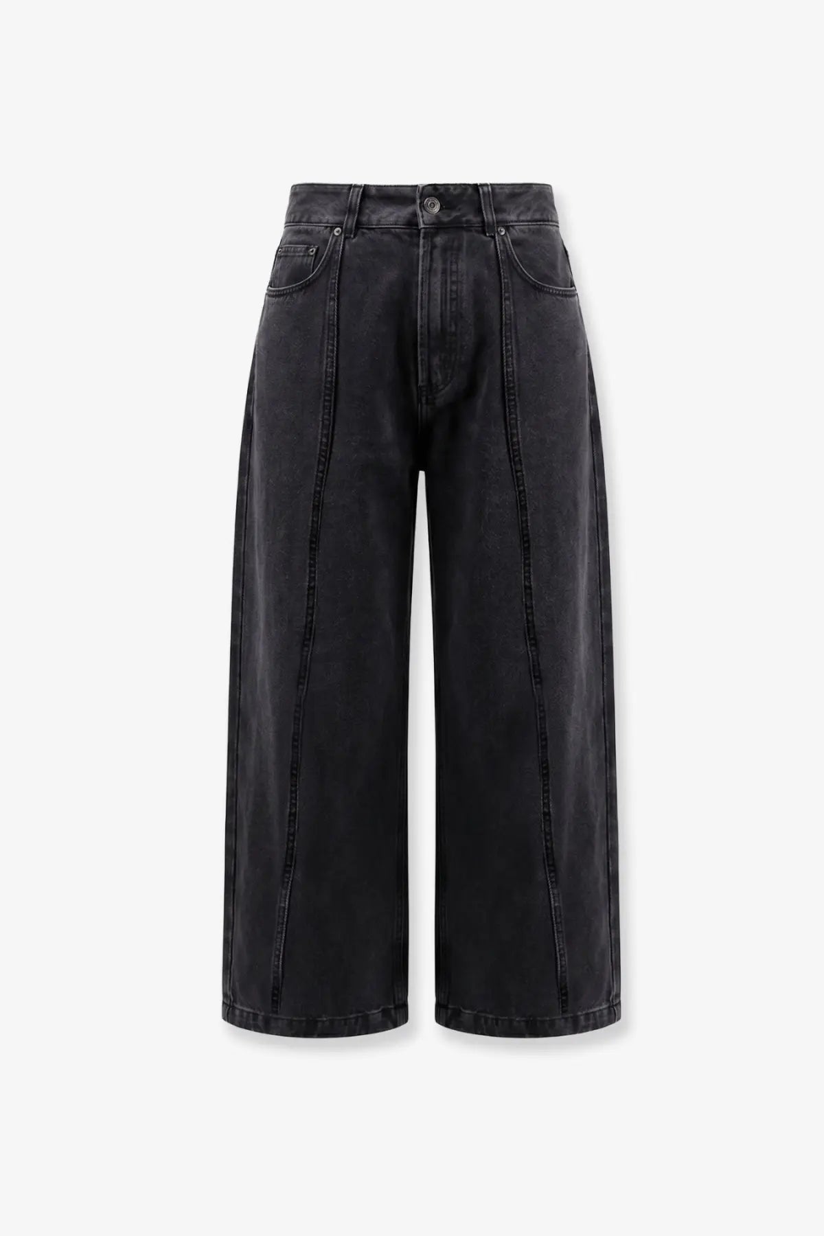 Lamrons women’s balloon fit black denim jeans feature high waist black wide-leg denim pants with straight seams