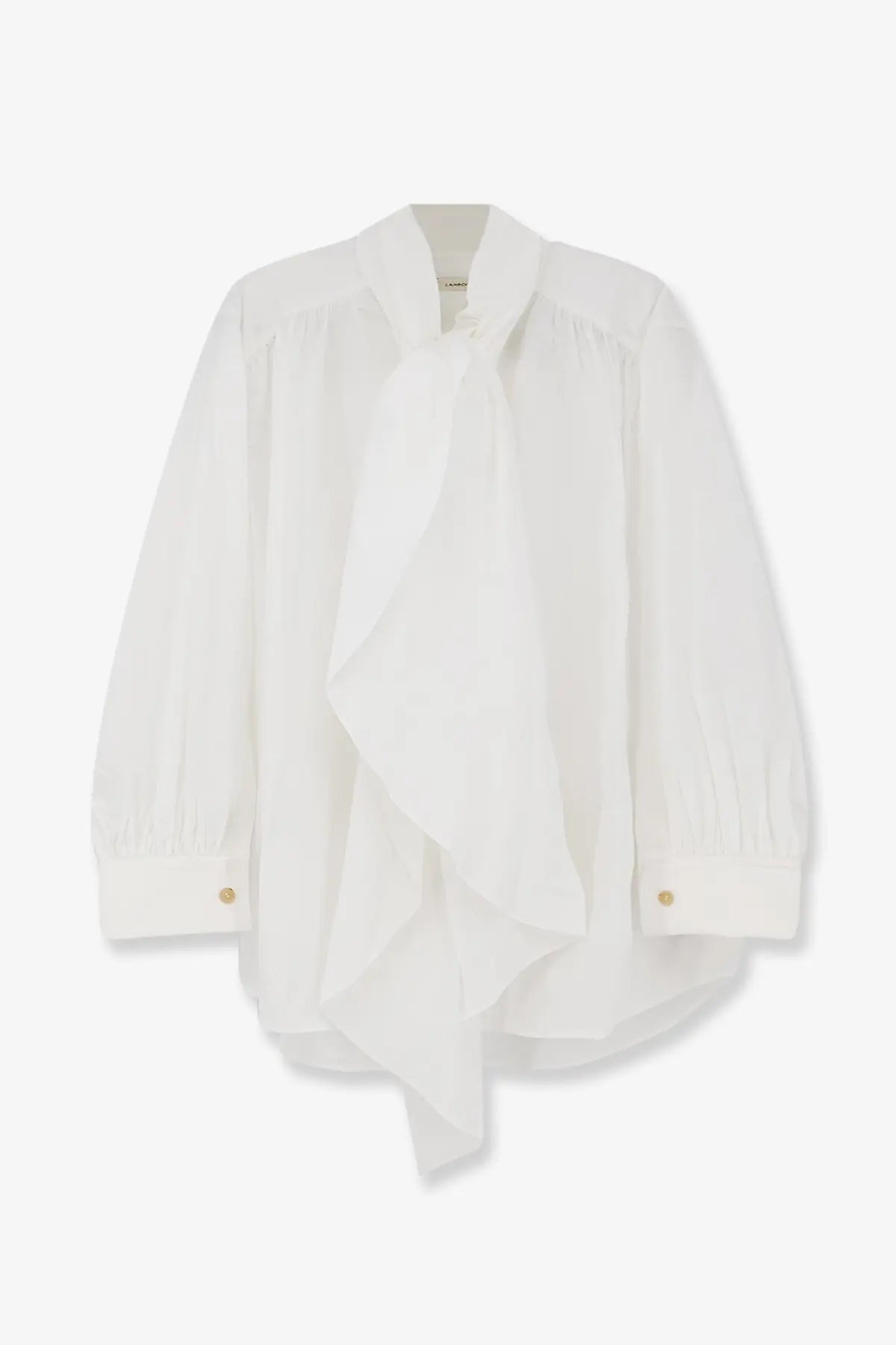 Lamrons women’s cotton shirt white with a flowing ruffled front and long sleeves in a classic blouse style