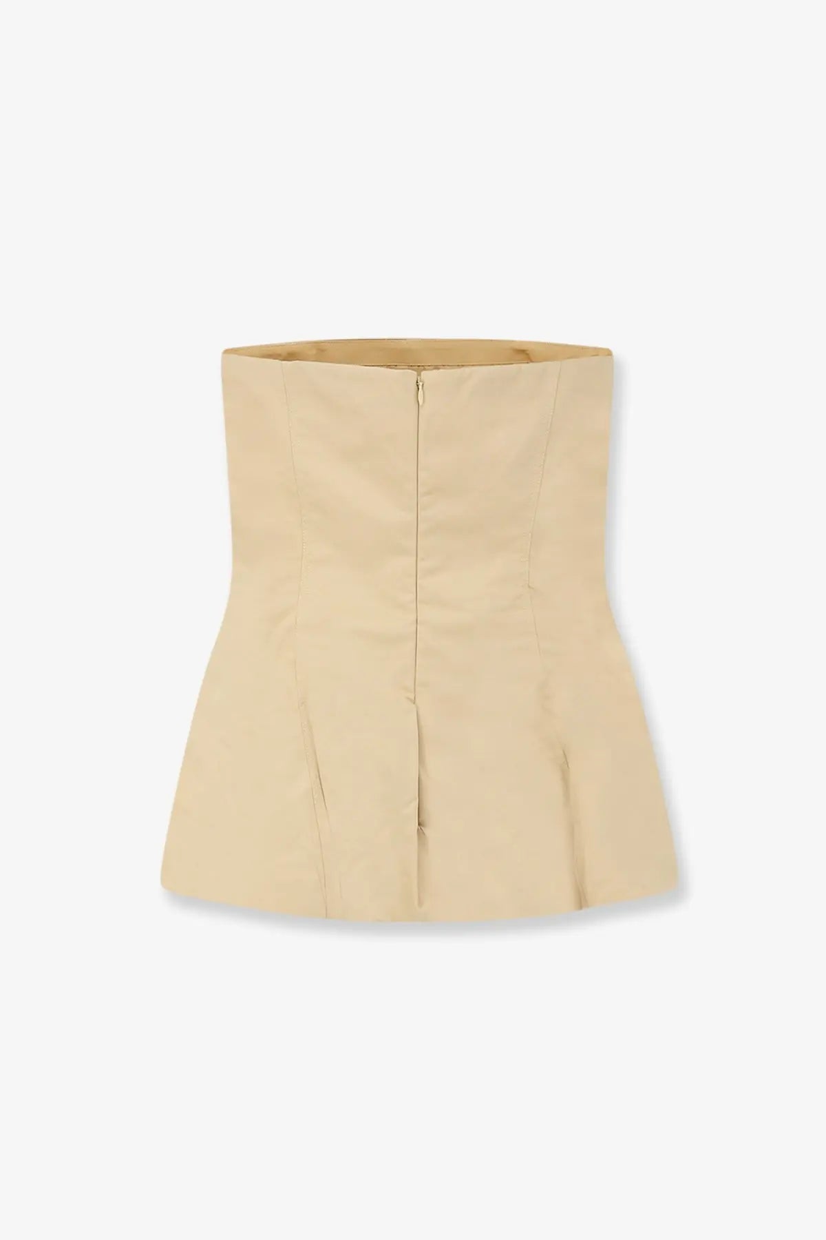 Beige structured corset-style top with central zipper and flared hem from lamrons womens cotton and silk blend yellow top