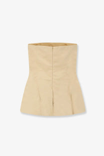 Beige structured corset-style top with central zipper and flared hem from lamrons womens cotton and silk blend yellow top