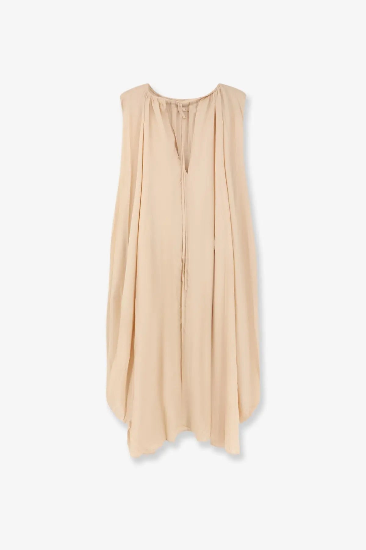 Lamrons women’s sleeveless beige dress with flowing silhouette deep v-neckline made of modal and silk blend