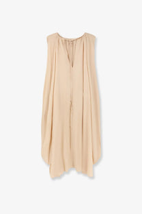 Lamrons women’s sleeveless beige dress with flowing silhouette deep v-neckline made of modal and silk blend