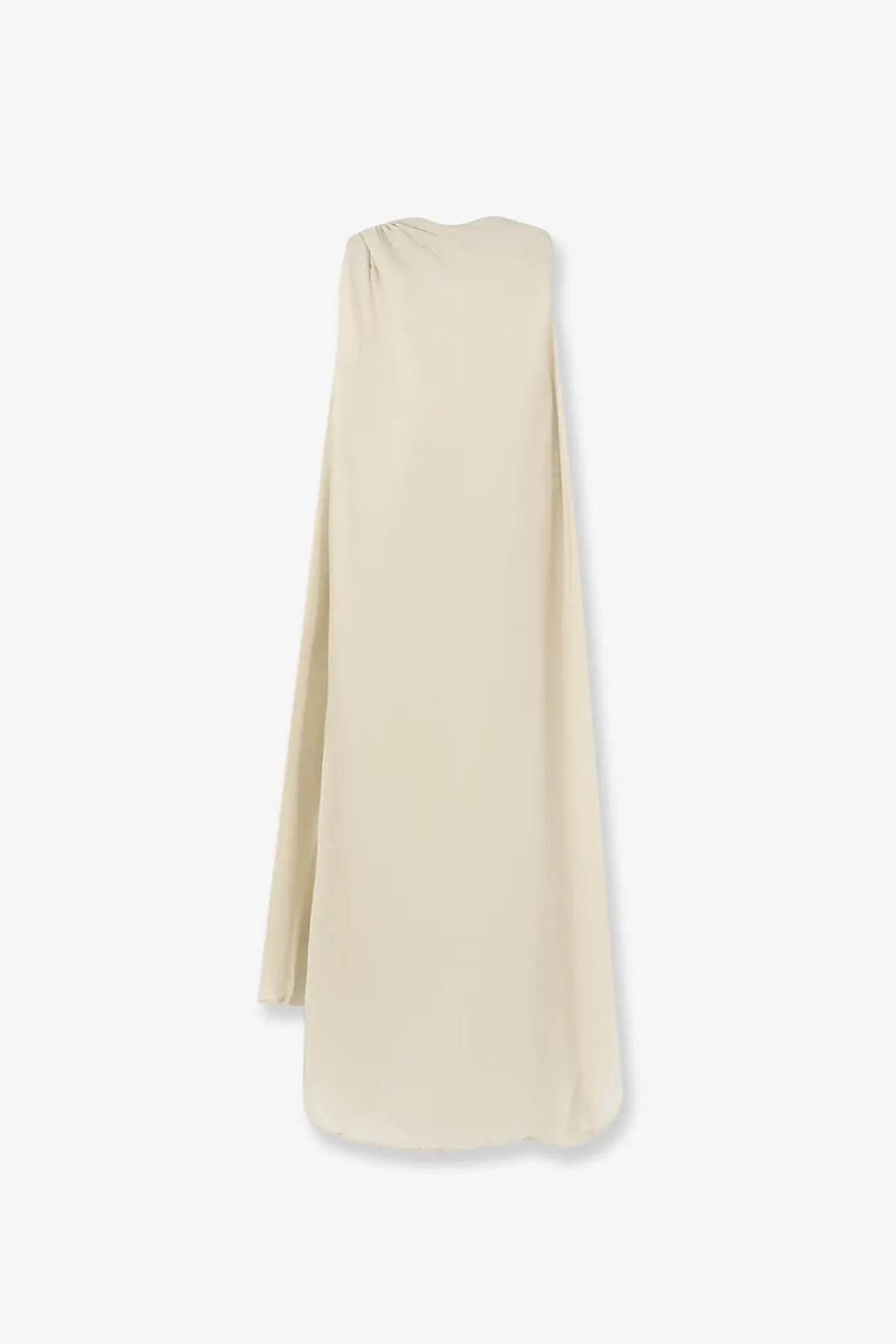 Lamrons women’s sleeveless cream dress with draped neckline and asymmetrical hem made of viscose and lyocell blend