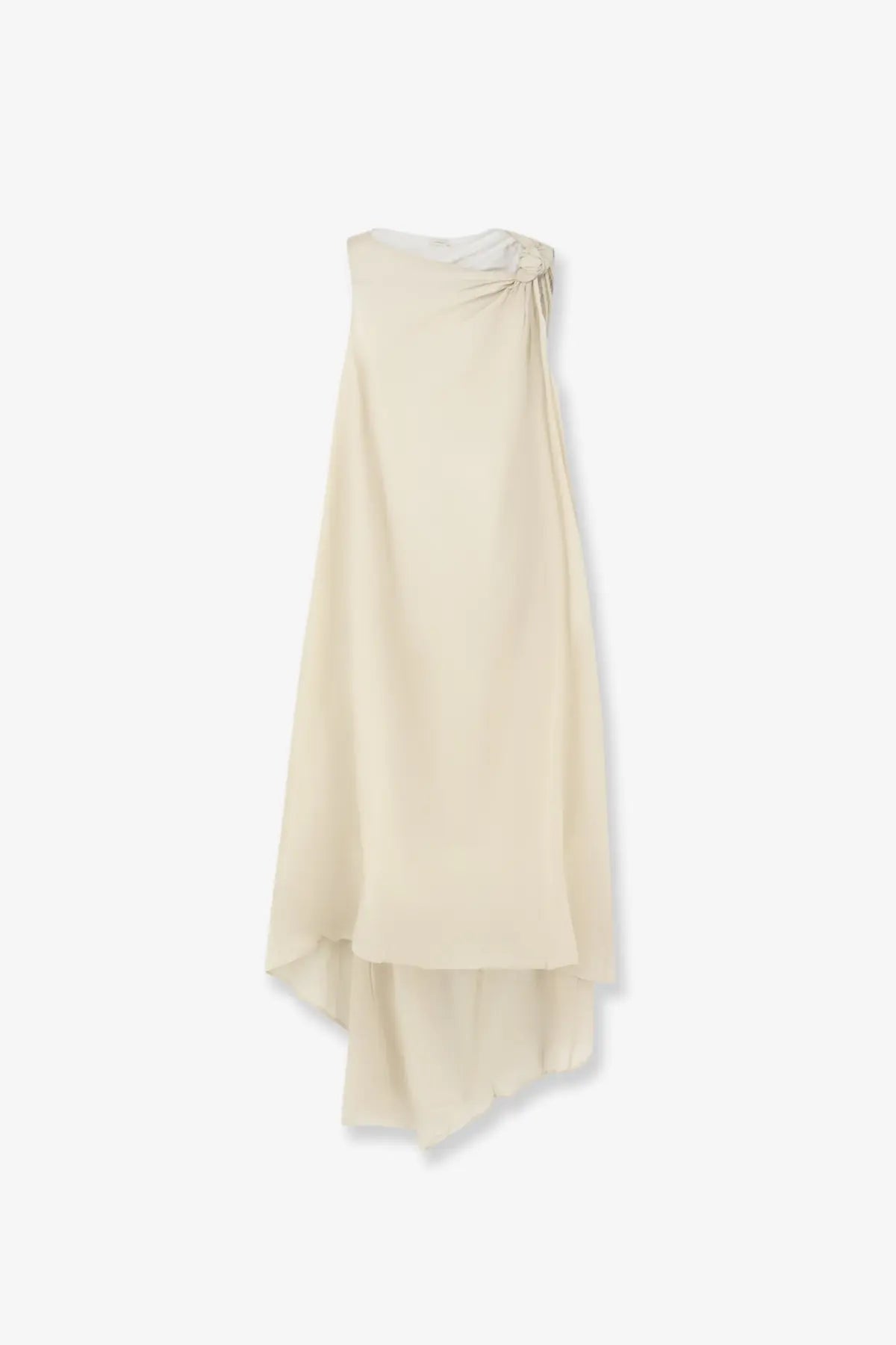 Lamrons womens sleeveless off white silk dress with draped asymmetrical hem and knot detail at the shoulder