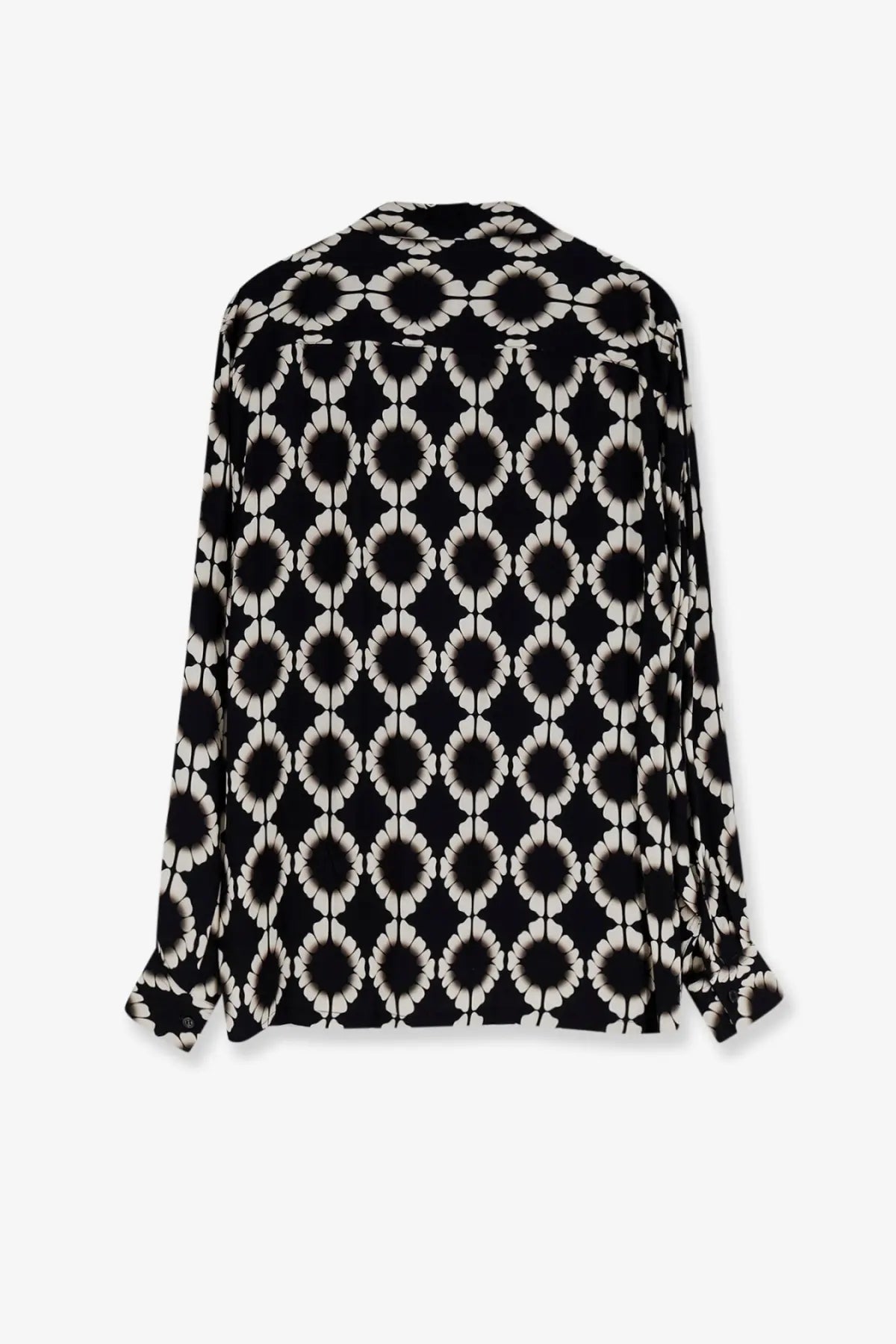 Laneus men’s boxy fit black viscose shirt with black and white floral pattern long sleeves and classic collar