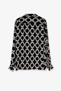 Laneus men’s boxy fit black viscose shirt with black and white floral pattern long sleeves and classic collar
