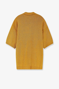 A mustard yellow oversized knit sweater dress with ribbed cuffs and hem in laneus mens cashmere and silk blend shirt zafferano style