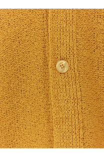 Laneus men’s cashmere and silk blend mustard-yellow cardigan with subtle ribbed texture and one cream button