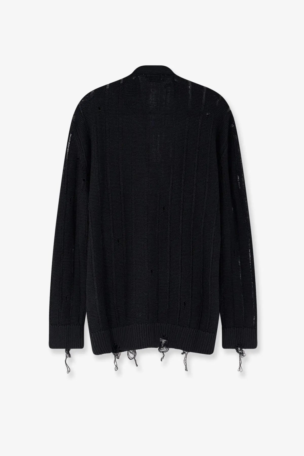 Laneus men’s black cotton cardigan featuring a ribbed knit with distressed frayed hem and cuffs