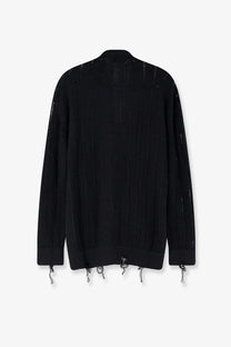 Laneus men’s black cotton cardigan featuring a ribbed knit with distressed frayed hem and cuffs