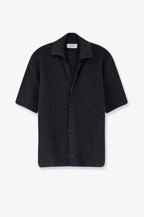 Laneus men’s black cotton short-sleeved shirt with subtle diamond pattern and button-up front