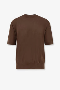 Laneus men’s brown cotton sweater with short sleeves ribbed cuffs and hem crewneck design