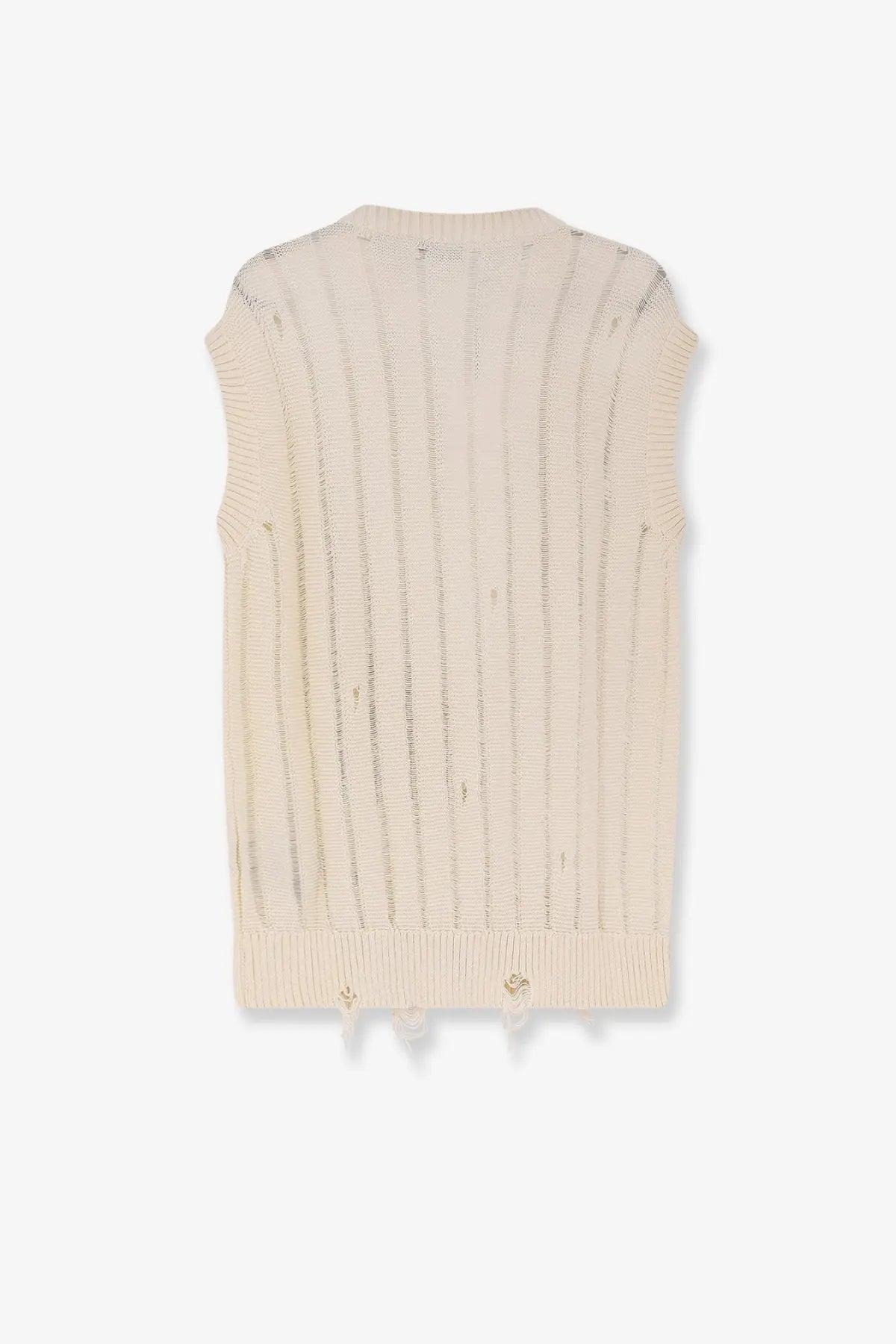 Laneus men’s destroyed effect cotton vest in beige with cream ribbed knit and frayed hem detail