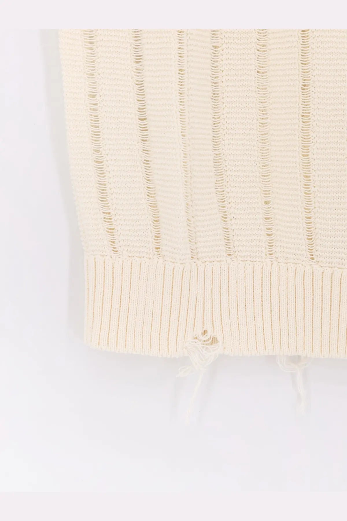 Laneus men’s destroyed effect cotton vest beige featuring a cream-colored ribbed knit sweater with frayed hem