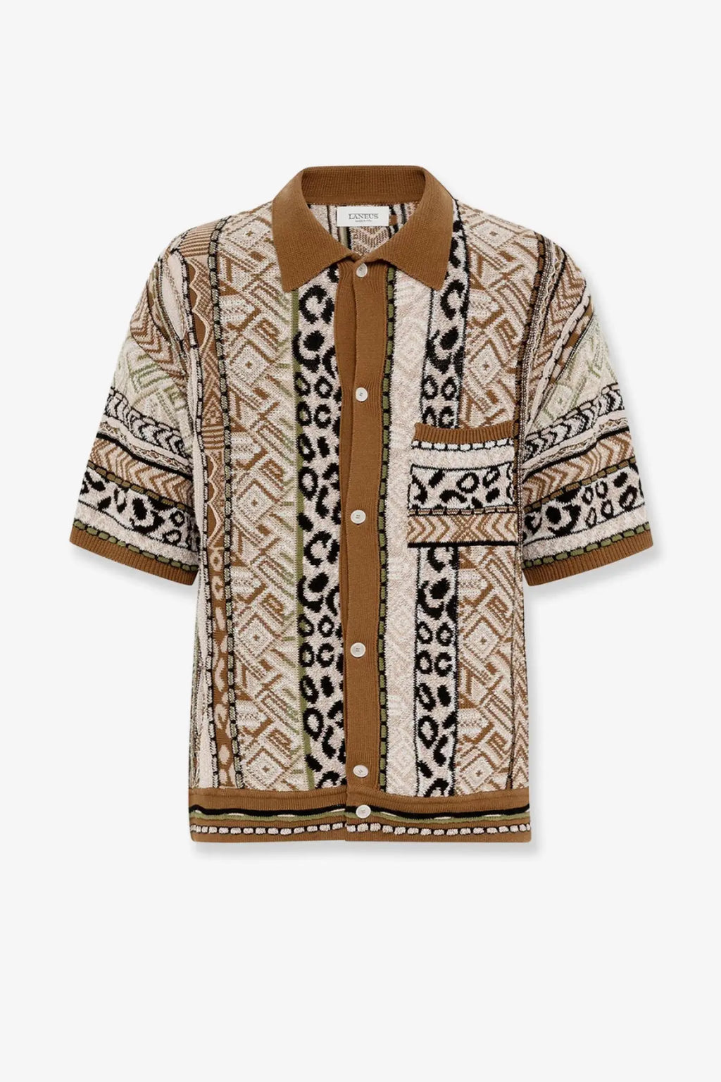 Laneus men’s multicolor knitted shirt brown with beige and brown leopard print patterned short sleeves and button-up front
