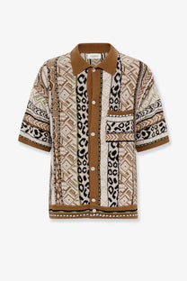 Laneus men’s multicolor knitted shirt brown with beige and brown leopard print patterned short sleeves and button-up front