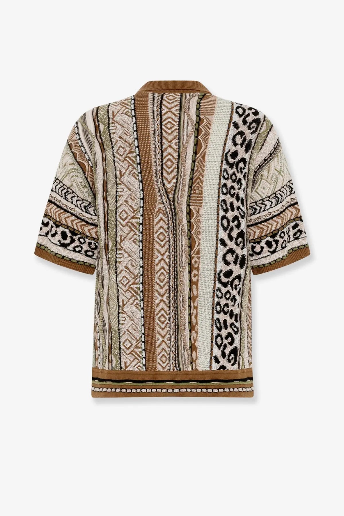 Laneus men’s short-sleeved knitted cardigan in brown featuring bold geometric and leopard print patterns