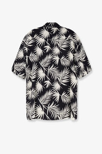 Laneus men’s black viscose shirt with bold white palm leaf print and short sleeves for casual wear