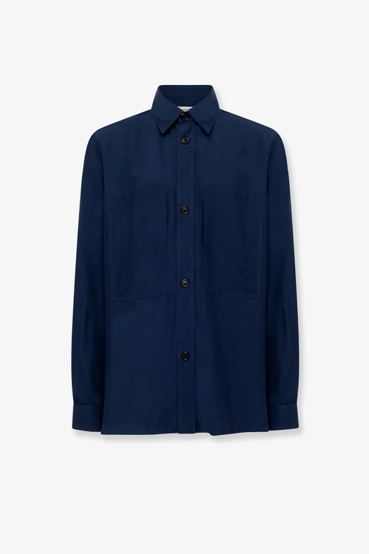 Laneus men’s navy blue long-sleeved viscose and linen shirt with classic collar and two front pockets