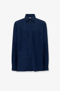 Laneus men’s navy blue long-sleeved viscose and linen shirt with classic collar and two front pockets