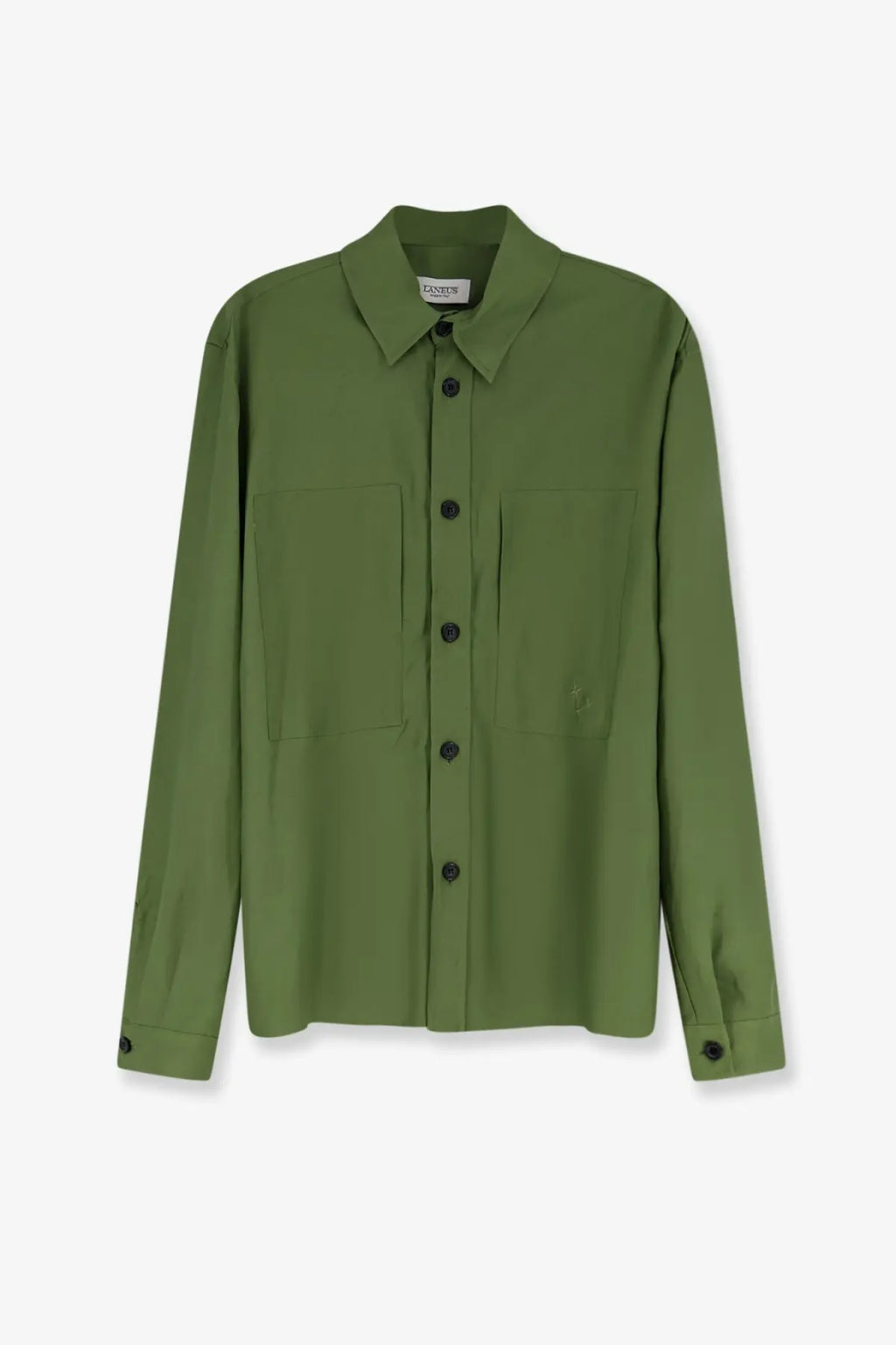 Laneus men’s olive green long-sleeved viscose and linen shirt with black buttons and two front pockets