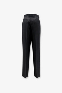 Black tailored laneus men’s viscose and linen trousers with sleek straight-leg cut and subtle back pleats shown from the back
