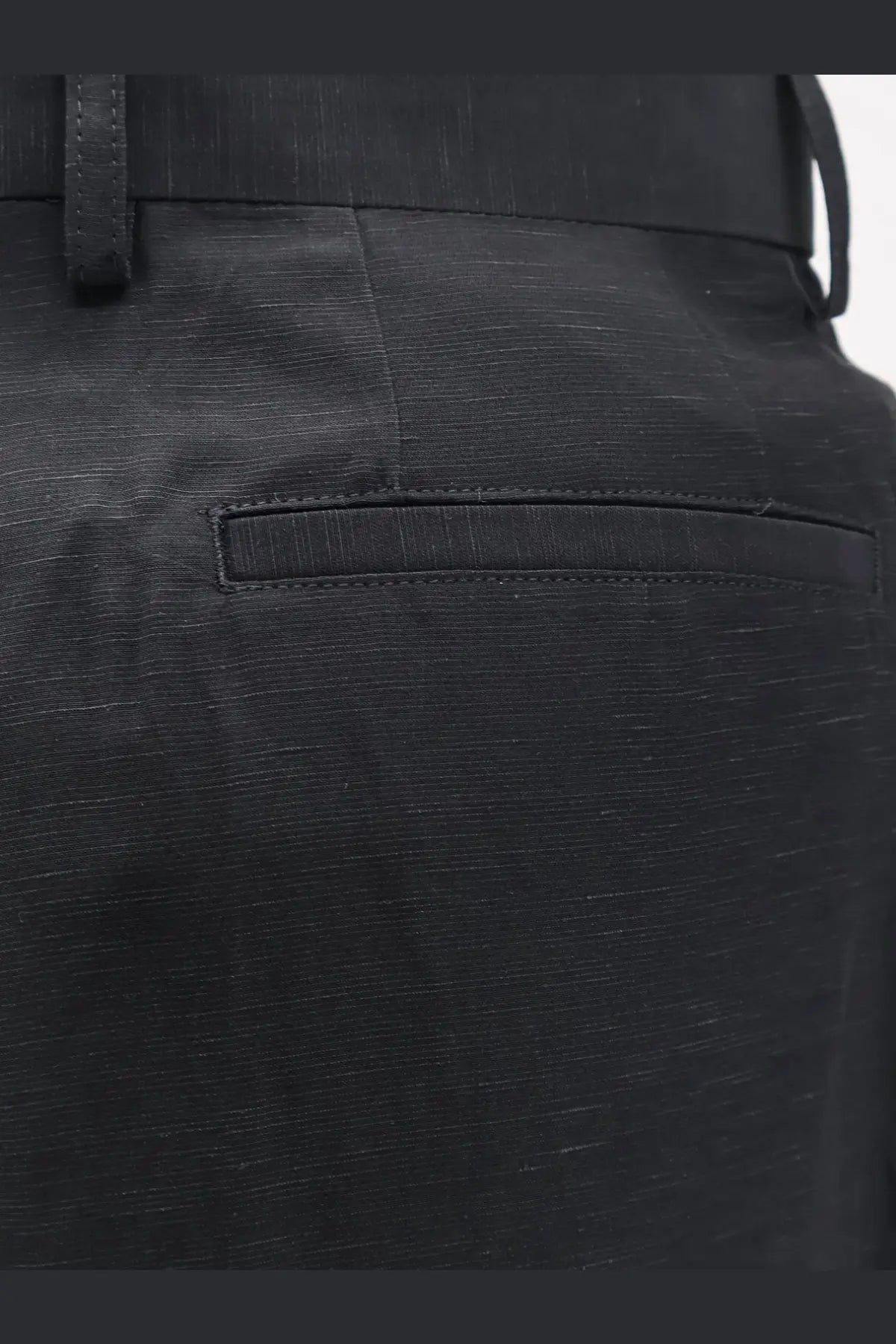 Laneus men’s black viscose and linen trousers with a subtle woven pattern and sleek tailored design
