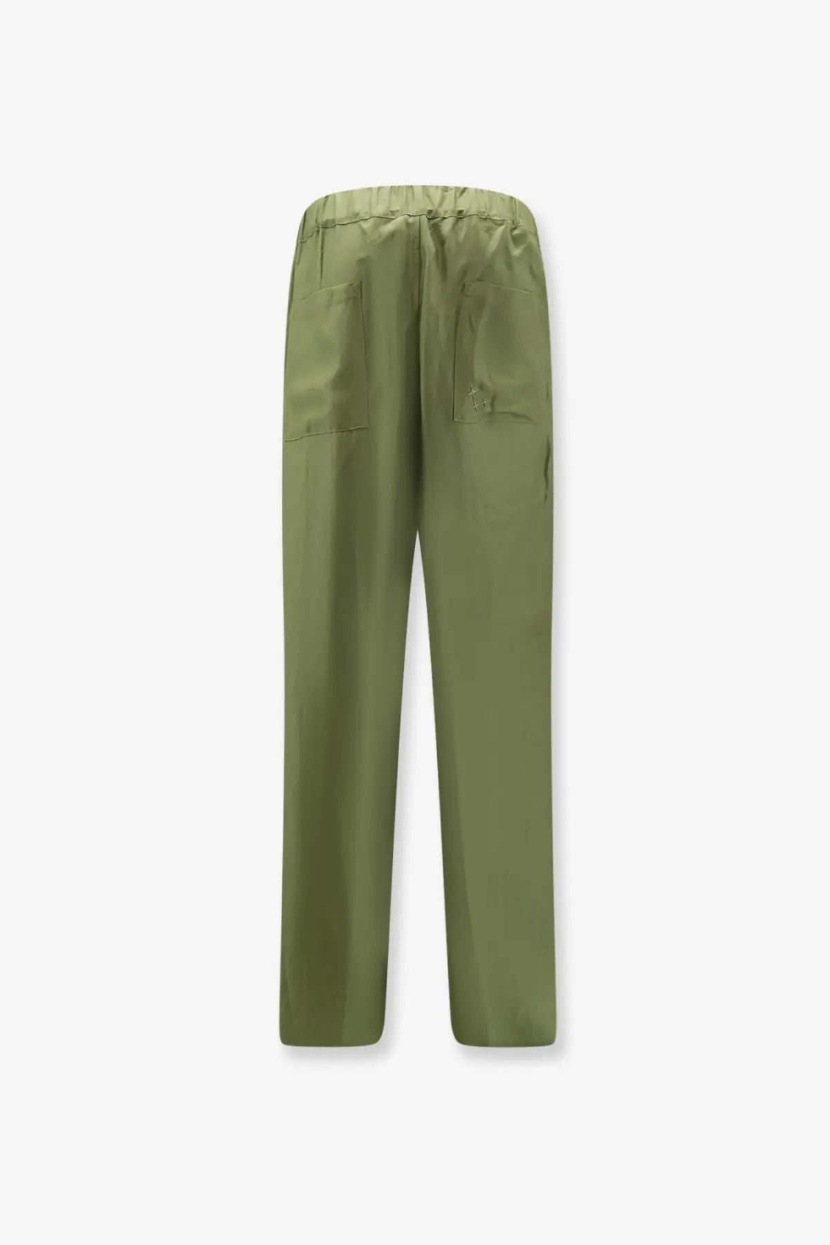 Laneus men’s olive green satin-like viscose and linen trousers with elastic waistband and subtle star embroidery on pocket