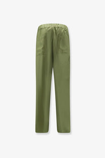 Laneus men’s olive green satin-like viscose and linen trousers with elastic waistband and subtle star embroidery on pocket