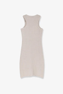 Laneus women’s sleeveless form-fitting beige cotton knit dress with subtle textured pattern