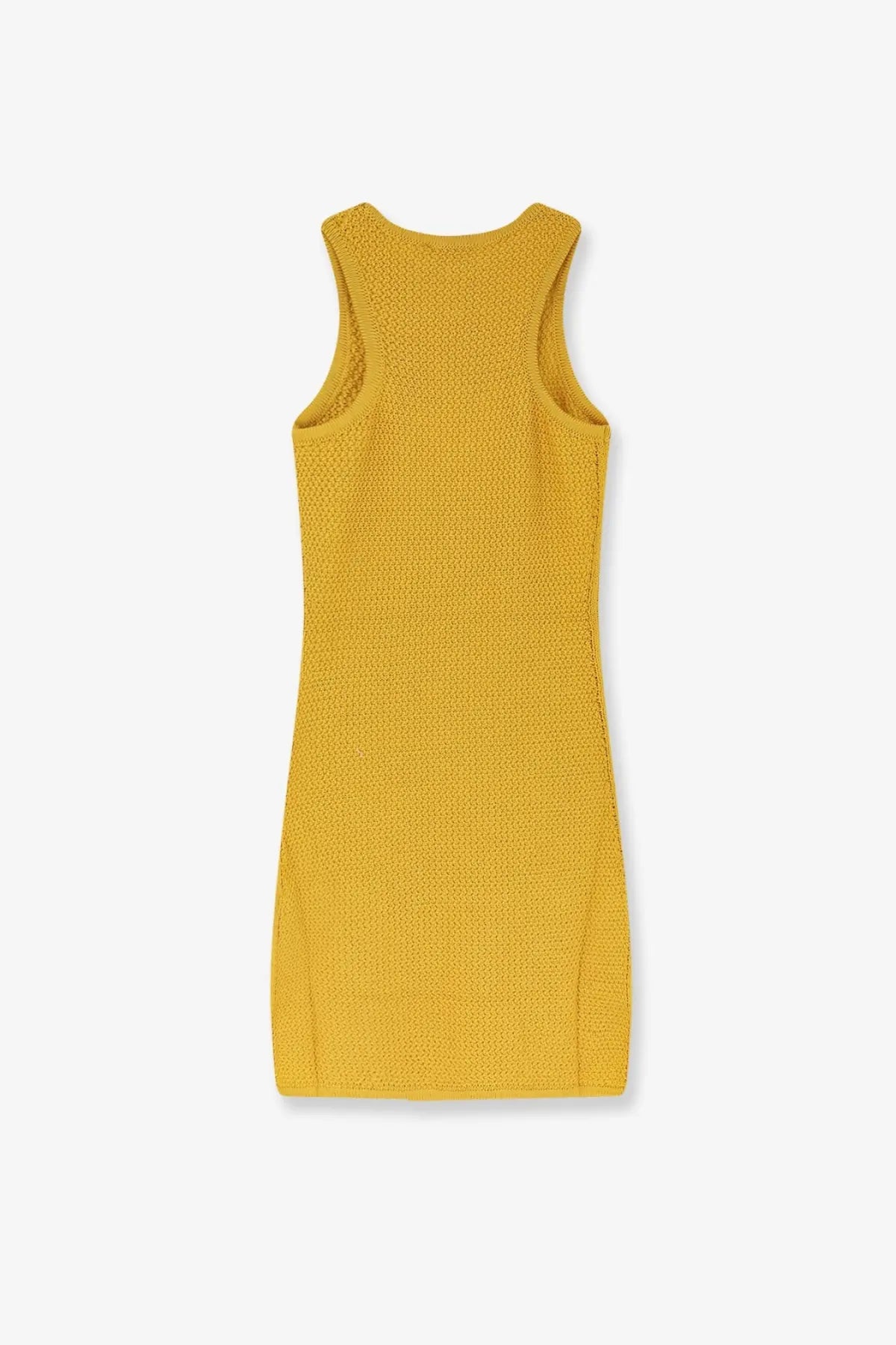 Laneus women’s cotton sleeveless dress in mustard yellow with textured knit pattern and fitted silhouette