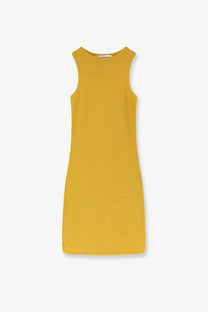 Laneus women’s sleeveless cotton dress in mustard yellow with a textured woven pattern and round neckline