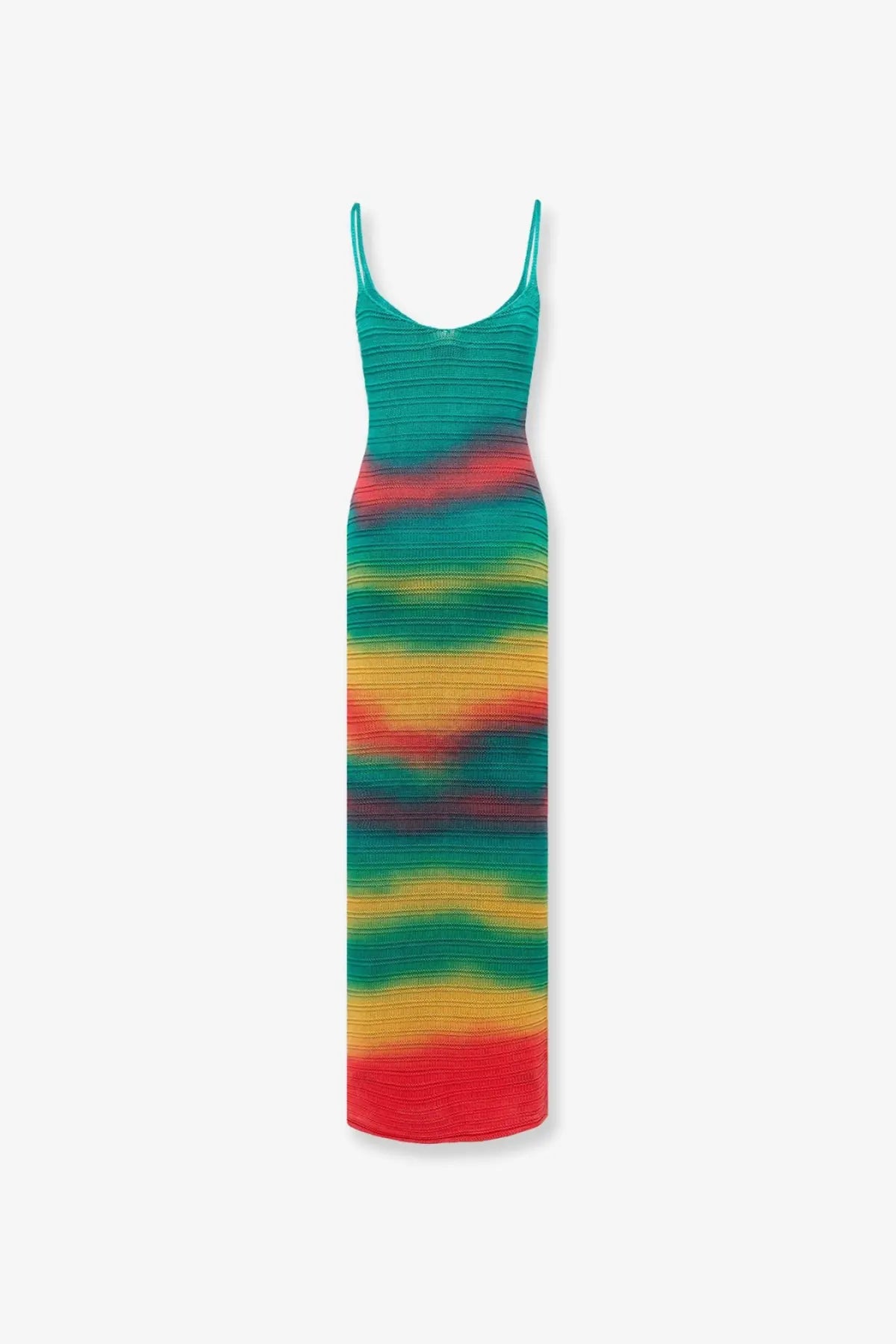 Laneus womens multicolor cotton dress vibrant knitted maxi with thin straps and teal red yellow green gradient pattern