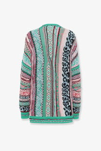 Laneus women’s multicolor jacquard cotton cardigan with bold vertical stripes and geometric leopard print patterns