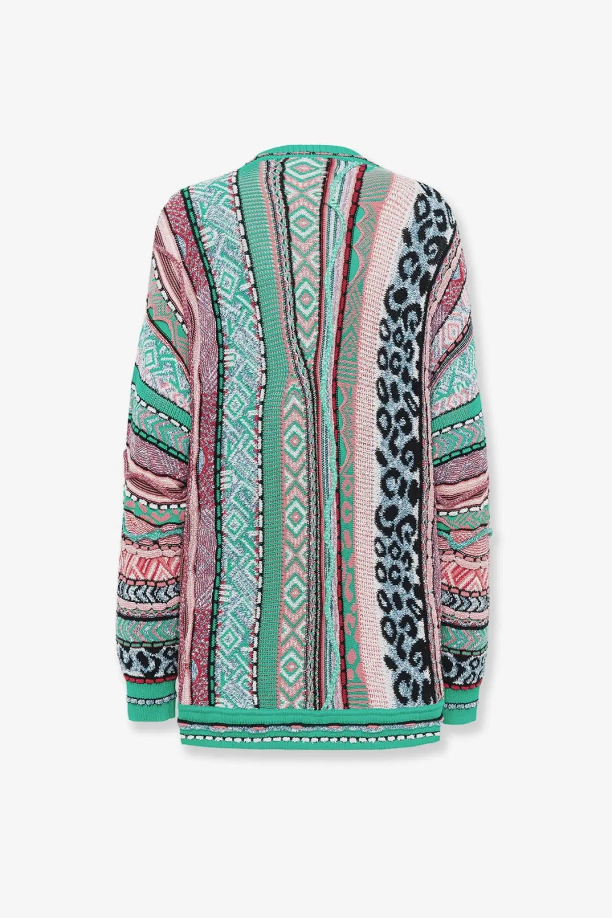 Laneus women’s multicolor jacquard cotton cardigan in green with bold vertical stripes and geometric leopard patterns