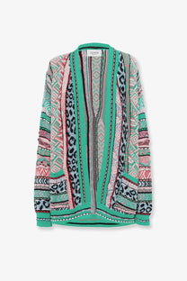 Laneus women multicolor jacquard cotton cardigan with vibrant teal pink black and white geometric and leopard print pattern