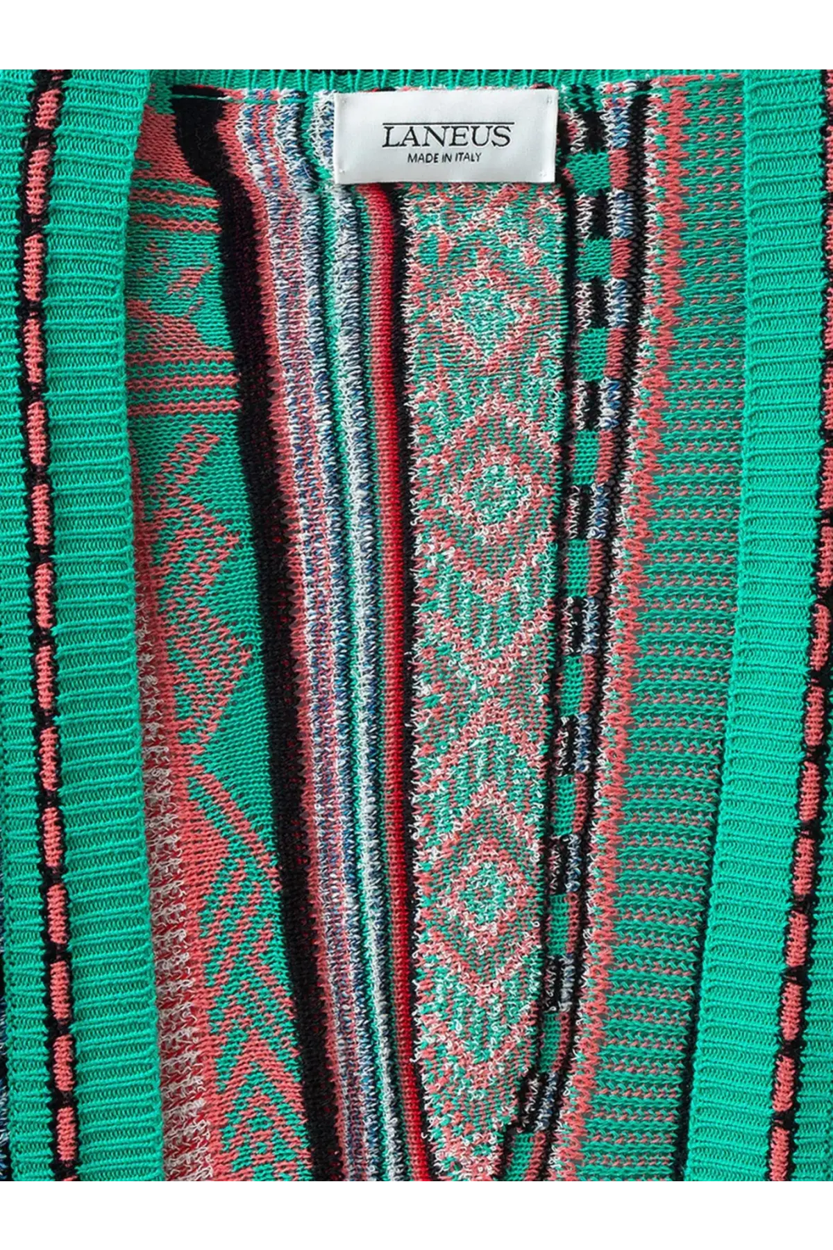 Laneus womens multicolor jacquard cotton cardigan with vibrant green red and black geometric knit pattern