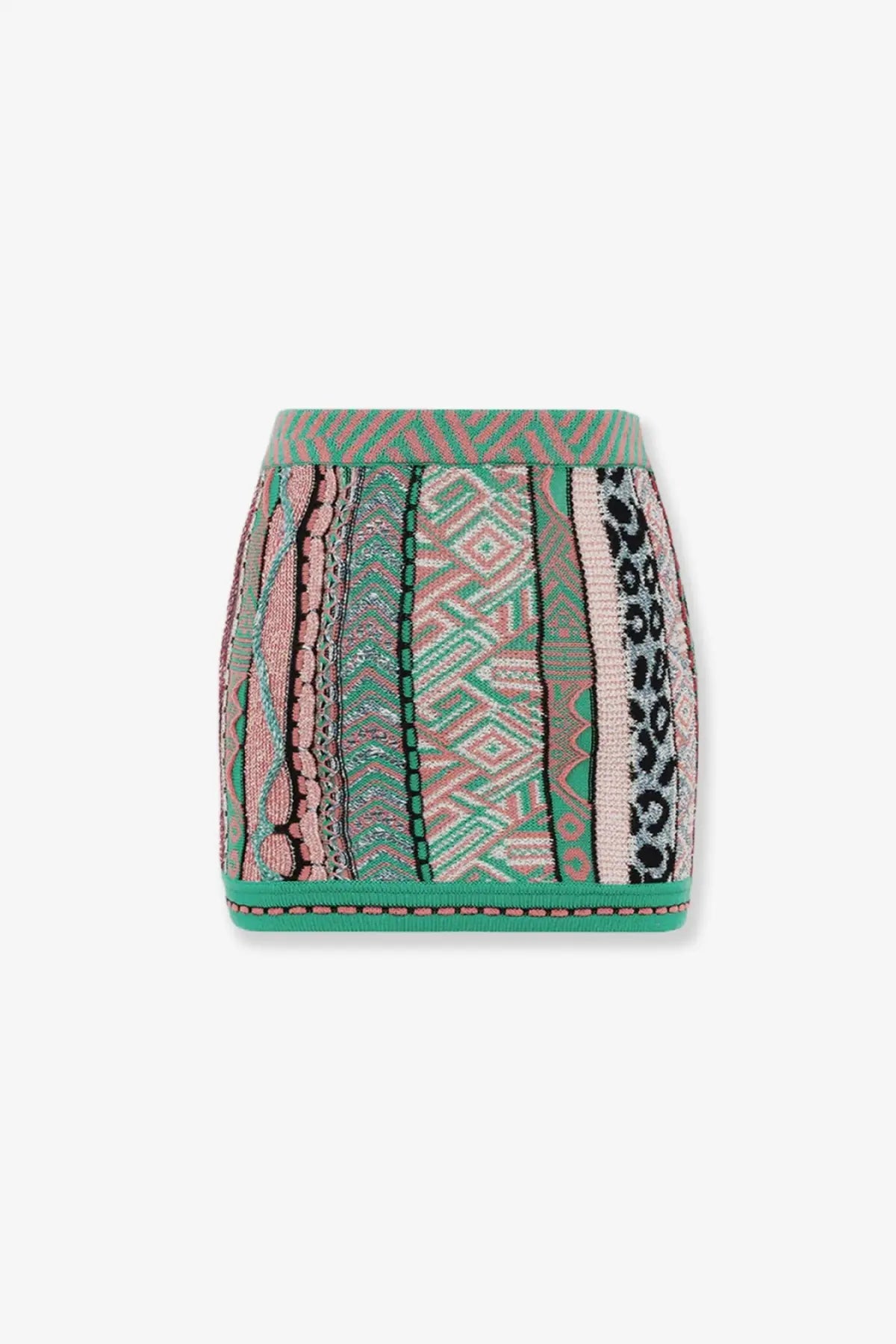 Laneus women’s multicolored cotton mini skirt with vibrant green pink black geometric and animal print patterns