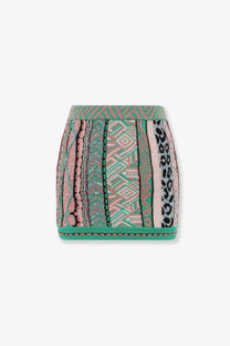 Laneus women’s multicolored cotton mini skirt with vibrant green pink black geometric and animal print patterns